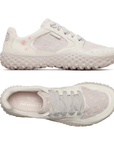 Pair of Grey sneakers with pink embroidery flowers, lace panel accents, ribbon lacesm pink Merrel and Barefoot logo'd footbed and a deep tread soft pink outsole.