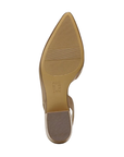 Beige outsole with light tread and Naturalizer logo stamped in middle by low block heel.