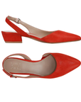 Pair of Red leather slingbacks with tan Naturalizer logo'd footbed, pointed toe and low block heel.