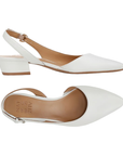 Pair of white leather slingbacks with tan Naturalizer logo'd footbed, pointed toe and low block heel.