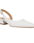 White leather slingback with tan footbed, pointed toe and low block heel.