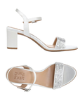 Pair of White satin block heel sandals with silver embellishments on toe strap and Naturalizer logo'd tan footbed.
