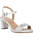 White satin block heel sandal with silver embellishments on toe strap and Naturalizer logo'd tan footbed.