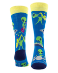 Pair of Blue socks with aliens playing instruments, yellow cuff and dark navy heel and toe cap.
