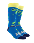 Blue socks with aliens playing instruments, yellow cuff and dark navy heel and toe cap.