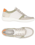 Pair of beige sneakers with green, orange and taupe accents, laces, side zipper, beige Remonte logo'd footbed and white light treaded outsole.