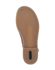 Brown light treaded outsole with green Remonte logo on low heel.
