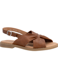 Brown slingback sandal with a silver buckle, a knot design over vamp, tan Remonte logo'd footbed and flat rubber outsole.