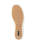 Tan treaded outsole of sneaker with green Remonte logo stamped at heel.