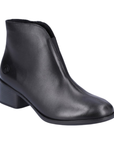 Black ankle boot with low heel, small slit of gorring on vamp and stitch detail through middle of toe.