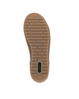 Tan rubber outsole with bubble line tread and green Remonte Logo on heel.