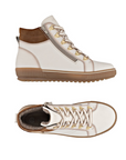 Pair of White high-top lace sneaker boot with brown cuff, side zipper and tan rubber outsole.