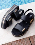 Pair of black Backstrap Sandals placed poolside.