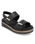 Backstrap Sandal in black with gold accents, two Velcro straps, black Remonte logo'd footbed, faux jute and black platform midsole and lugged black outsole.