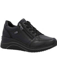 A black lace-up sneaker with a wedge sole with a side zipper and black laces