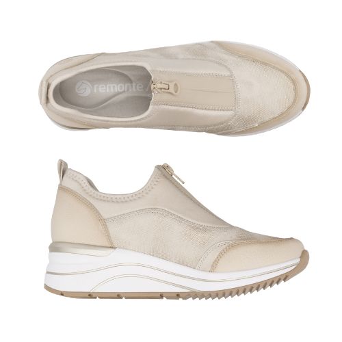 Top and side view of Remonte D0T08 women's slip-on sneaker showing breathable textile upper and flexible sole design.
