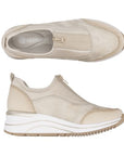Top and side view of Remonte D0T08 women's slip-on sneaker showing breathable textile upper and flexible sole design.