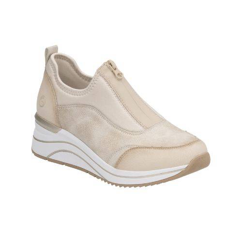 Women's Remonte D0T08 slip-on sneaker in beige with wedge heel and dual zippers, ideal for lightweight athleisure wear.