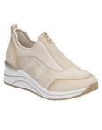 Women's Remonte D0T08 slip-on sneaker in beige with wedge heel and dual zippers, ideal for lightweight athleisure wear.
