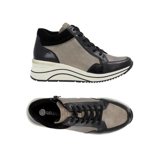 Top and profile view of Gold Lace-up wedge sneakers have black laces, gold and black portions on the uppers. The foot bed is black with silver Remonte logo at heel The wedge midsole is white with black wave lines and the outsole is black