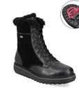 Black suede and smooth leather mid calf boot with fur lining and cuff, laces, and icon for collapsible cleats.