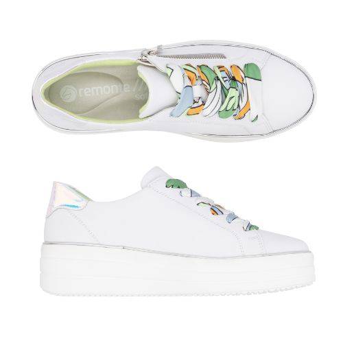 Top and side views of white Remonte D1C06 lace-up platform sneakers for women, featuring multicolor laces and a side zipper.