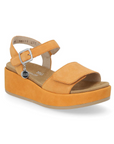 Soft orange suede backstrap sandal with velcro closures and a platform outsole.