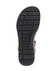 Black treaded outsole of sandal with Remonte logo stamped at heel.