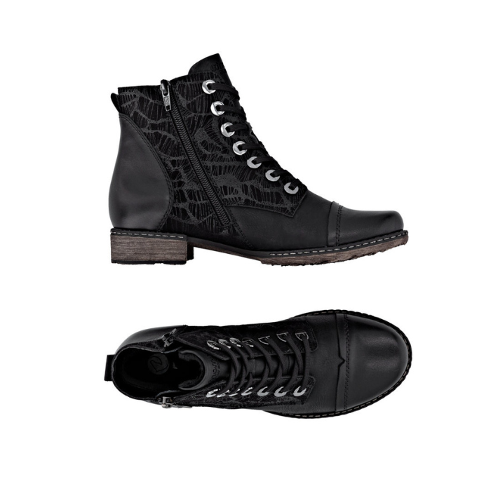 Pair of Black lace-up dress boots with a side zipper, accent patterned upper, siler eyelets and a low block heel.
