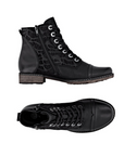 Pair of Black lace-up dress boots with a side zipper, accent patterned upper, siler eyelets and a low block heel.