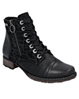 Black lace-up dress boot with a side zipper, accent patterned upper, siler eyelets and a low block heel.