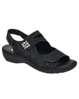 Black backstrap sandal with 3 adjustable Velcro closures, sparkly square emblem on ankle strap and silver details along side.