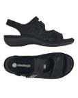 A pair of Black back strap sandals with 3 adjustable Velcro closures, sparkly square emblem on ankle strap and silver details along side.