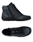 Pair of Blue high-top lace sneaker boots with black accents, dark blue panels and a treaded black outsole.