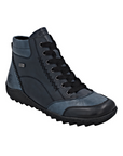 Blue high-top lace sneaker boot with black accents, dark blue panels and a treaded black outsole.