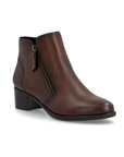Brown ankle boot with side zipper, light burnished leather and low block heel.