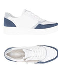 Top and side views of navy Women's Remonte D0J01 sneaker showing breathable leather upper and lightweight construction.