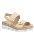 Backstrap Sandal in yellow with gold accents, two Velcro straps, tan Remonte logo'd footbed, faux jute and white platform midsole and lugged white outsole.