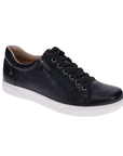 Black leather sneaker with laces, side zipper and white outsole.