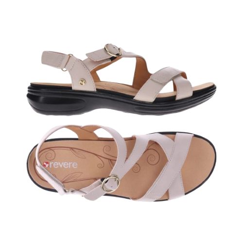 Pair of Beige 3 strap sandals with velcro closures and black rubber outsoles.