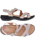 Pair of Beige 3 strap sandals with velcro closures and black rubber outsoles.