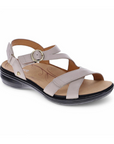 Beige 3 strap sandal with velcro closures and black rubber outsole.