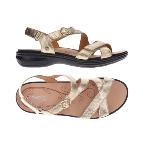 Pair of Gold textured 3 strap sandals with velcro closures and black rubber outsoles.