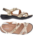 Pair of Gold textured 3 strap sandals with velcro closures and black rubber outsoles.