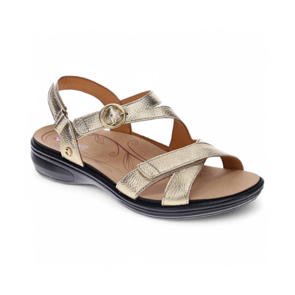 Gold textured 3 strap sandal with velcro closures and black rubber outsole.