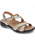 Gold textured 3 strap sandal with velcro closures and black rubber outsole.
