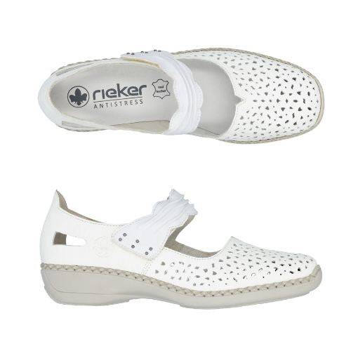 Pair of white Rieker Mary-Janes with perforations over the toe, scrunchy detail on ankle strap, white logo'd footbed and crisscross stitching above the grey outsole.