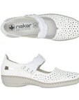 Pair of white Rieker Mary-Janes with perforations over the toe, scrunchy detail on ankle strap, white logo'd footbed and crisscross stitching above the grey outsole.