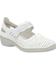 White Rieker Mary-Jane with perforations over the toe, scrunchy detail on ankle strap and crisscross stitching above the grey outsole.