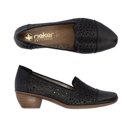 Pair of black perforated leather shoe with tan footbed printed gold Rieker logo and a  brown low heeled outsole.